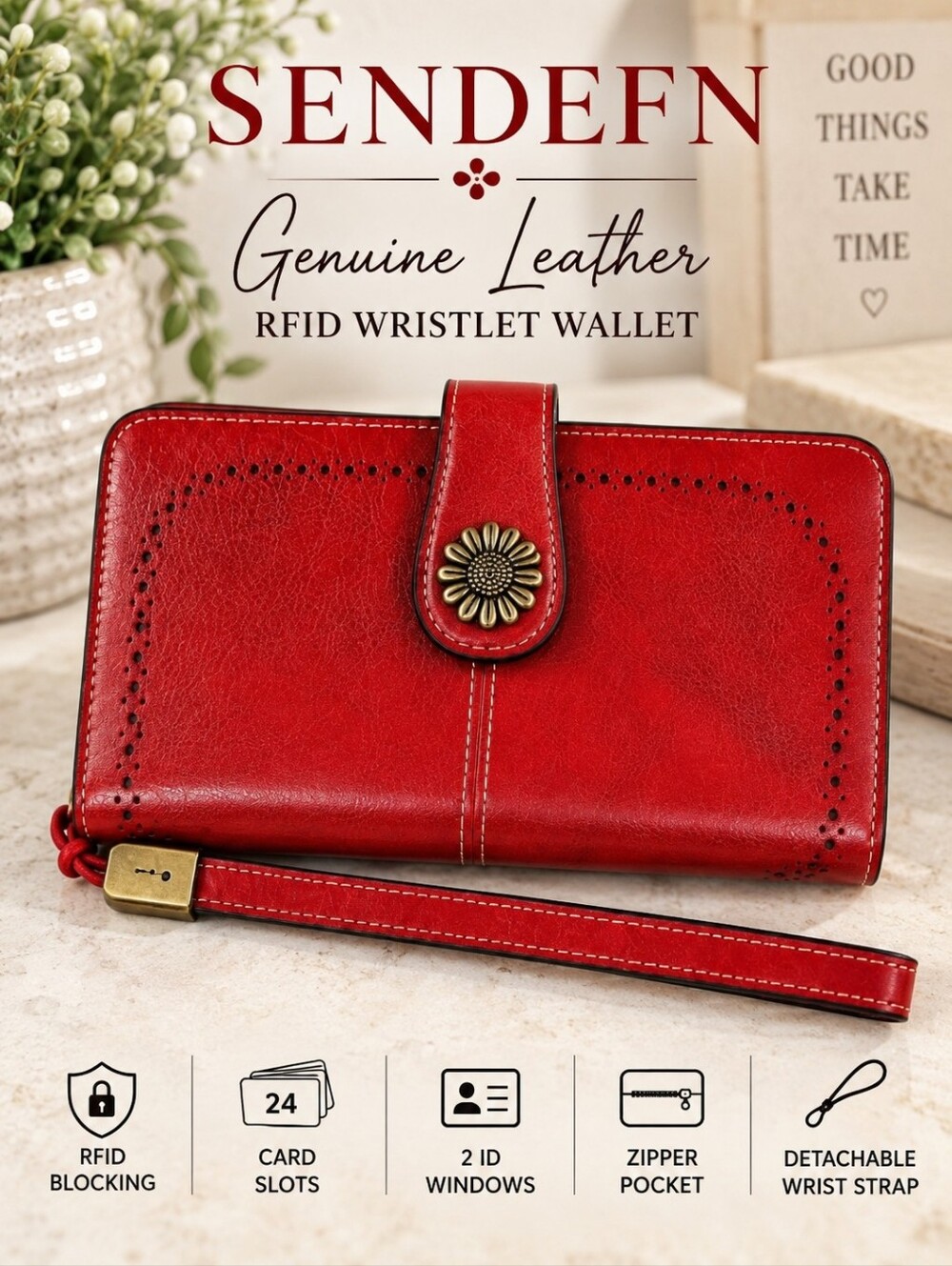 SENDEFN Genuine Leather Red RFID Wristlet Wallet Sunflower